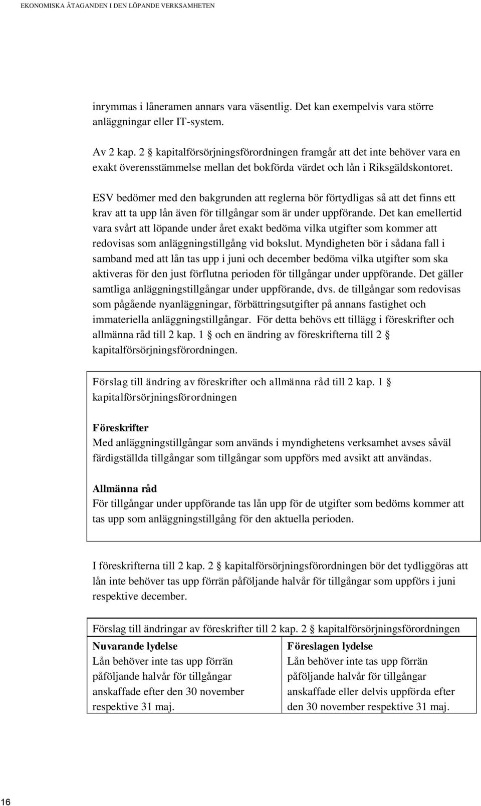 ESV bedömer med den bakgrunden att reglerna bör förtydligas så att det finns ett krav att ta upp lån även för tillgångar som är under uppförande.