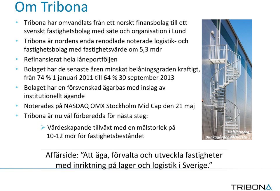 2013 Bolaget har en försvenskad ägarbas med inslag av institutionellt ägande Noterades på NASDAQ OMX Stockholm Mid Cap den 21 maj Tribona är nu väl förberedda för nästa steg: Värdeskapande