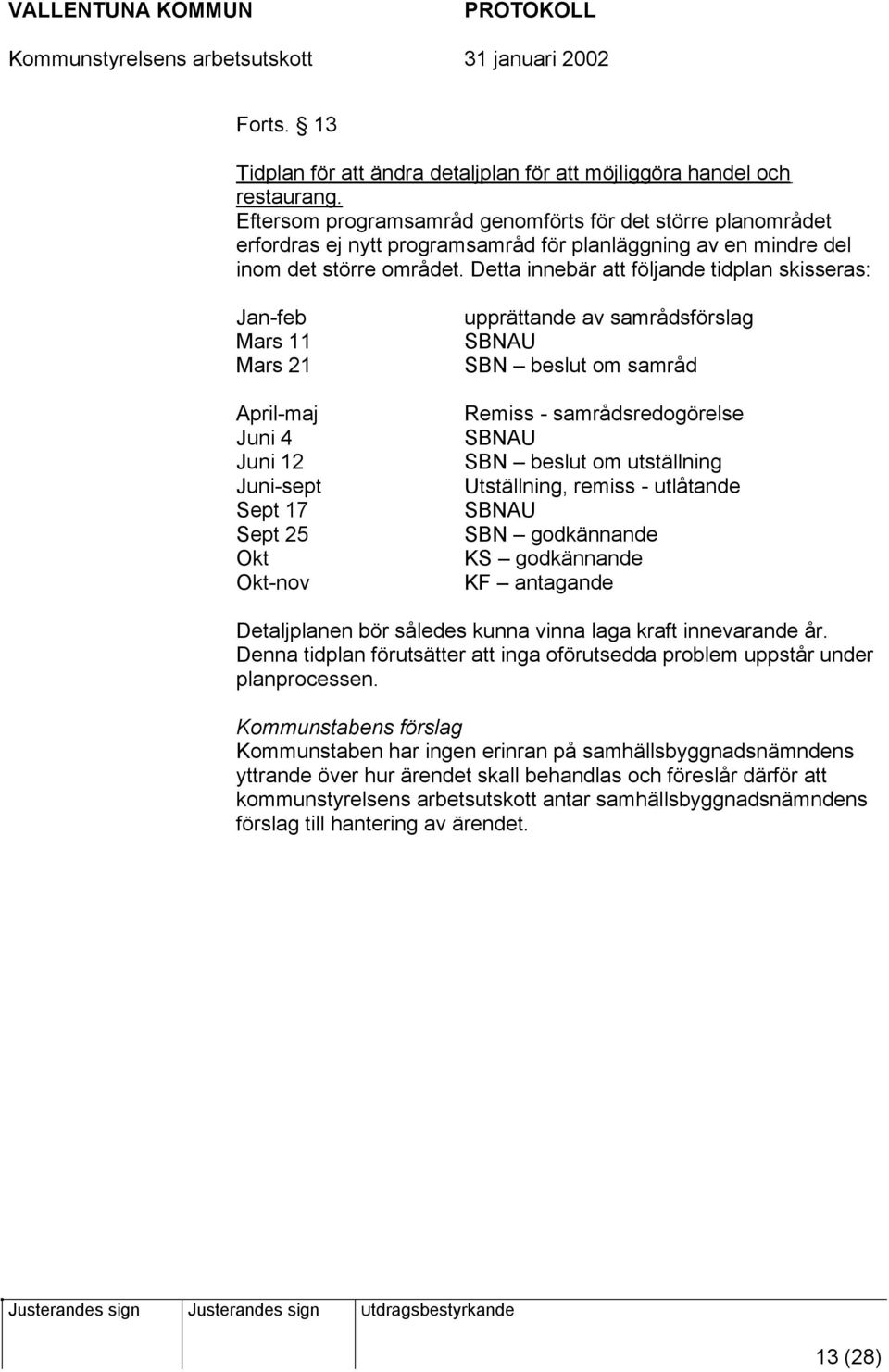 Detta innebär att följande tidplan skisseras: Jan-feb Mars 11 Mars 21 April-maj Juni 4 Juni 12 Juni-sept Sept 17 Sept 25 Okt Okt-nov upprättande av samrådsförslag SBNAU SBN beslut om samråd Remiss -