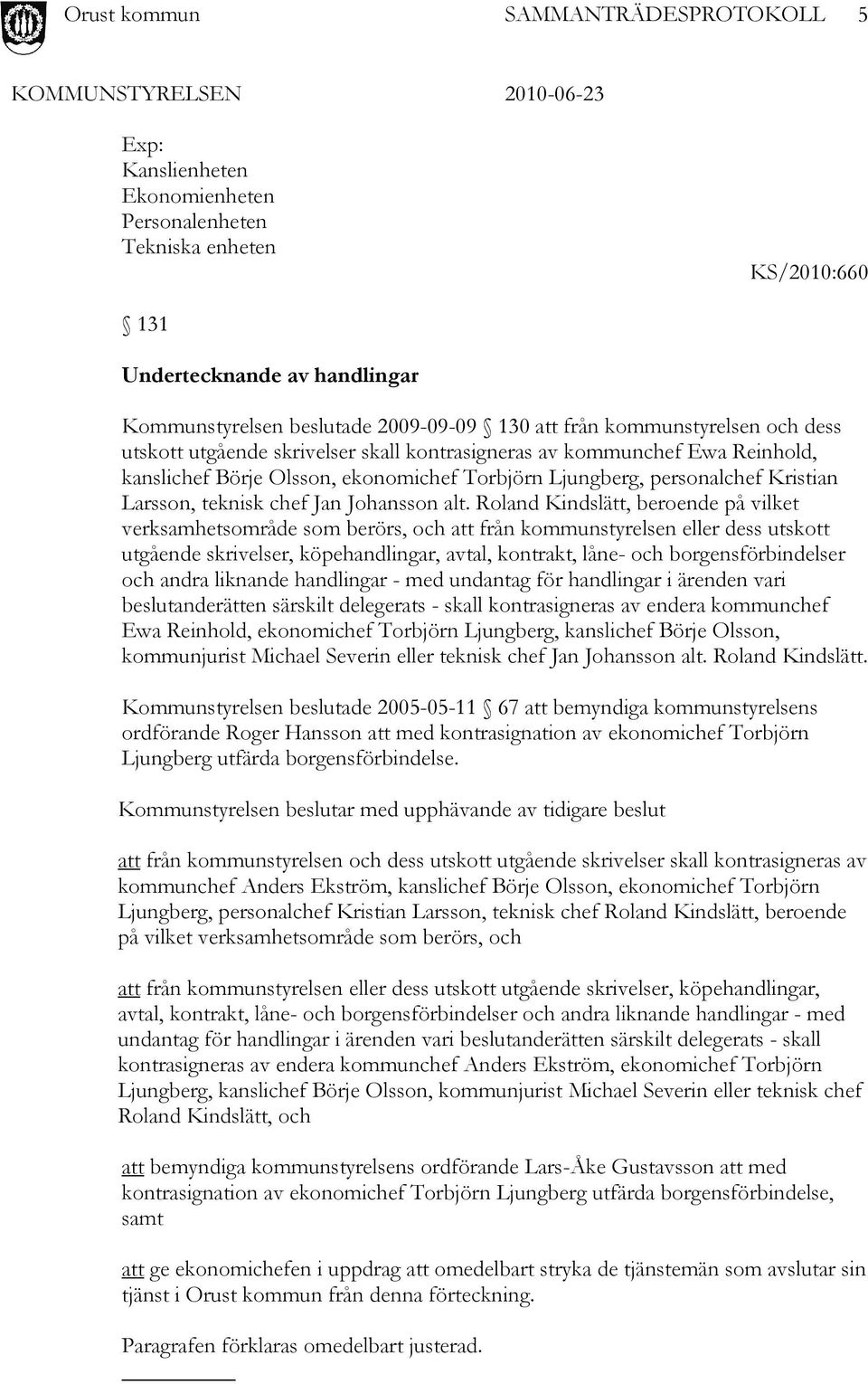 Roland Kindslätt, beroende på vilket verksamhetsområde som berörs, och att från kommunstyrelsen eller dess utskott utgående skrivelser, köpehandlingar, avtal, kontrakt, låne- och borgensförbindelser