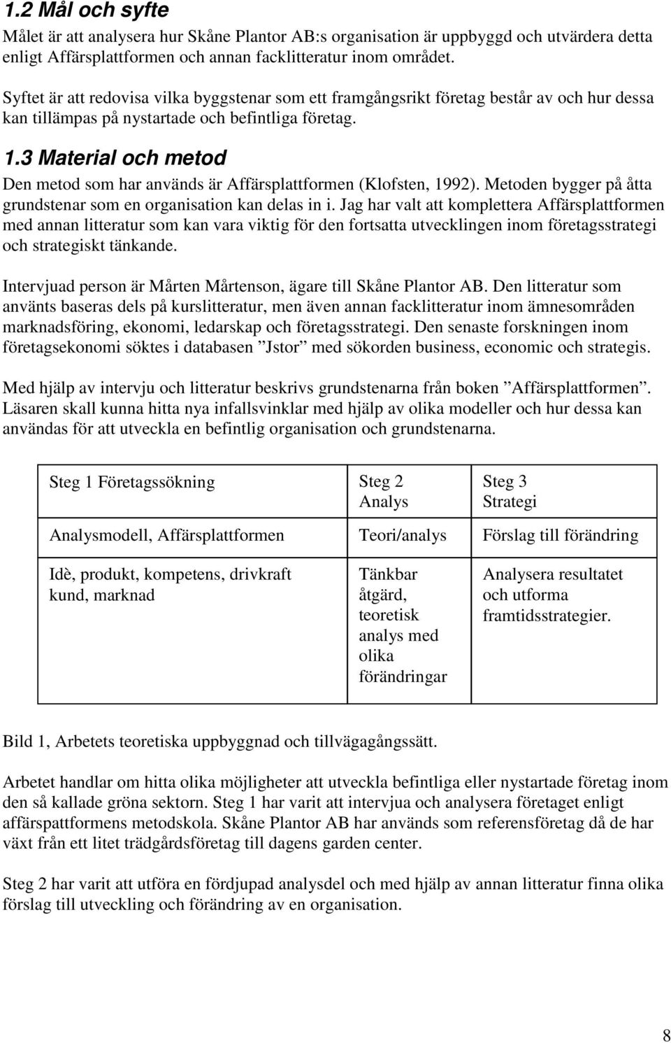 3 Material och metod Den metod som har används är Affärsplattformen (Klofsten, 1992). Metoden bygger på åtta grundstenar som en organisation kan delas in i.