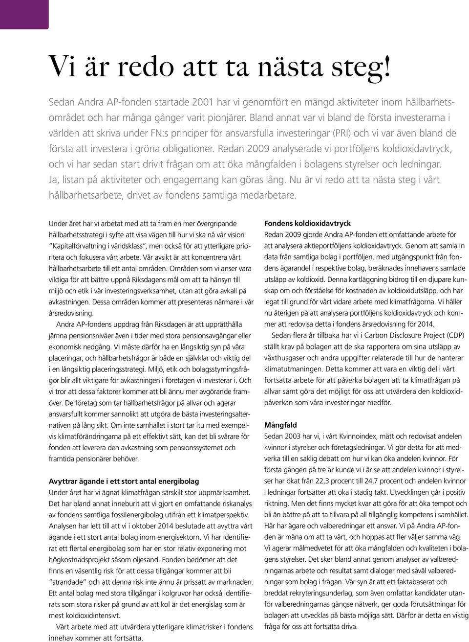 Redan 2009 analyserade vi portföljens koldioxidavtryck, och vi har sedan start drivit frågan om att öka mångfalden i bolagens styrelser och ledningar.