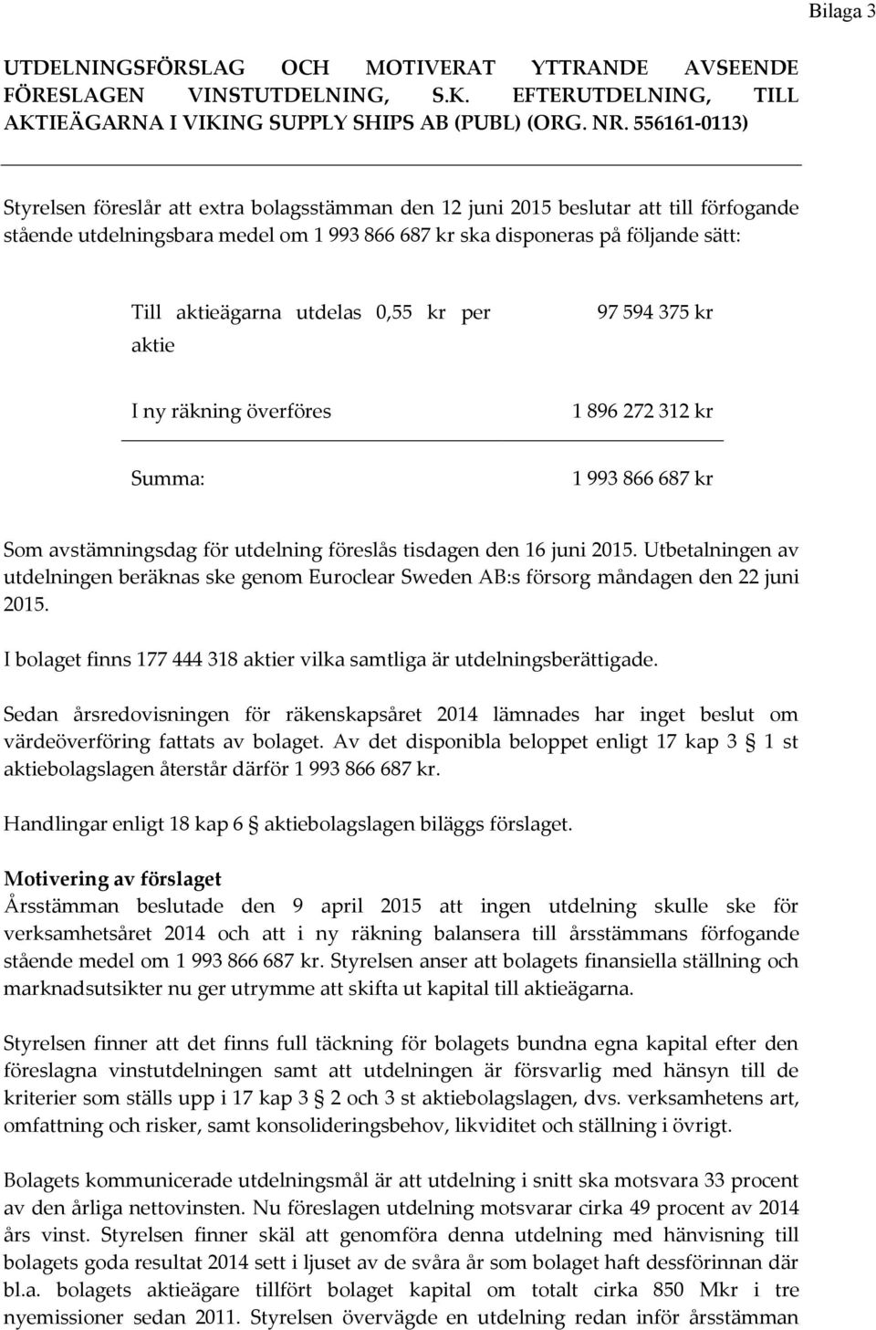 aktieägarna utdelas 0,55 kr per aktie 97 594 375 kr I ny räkning överföres 1 896 272 312 kr Summa: 1 993 866 687 kr Som avstämningsdag för utdelning föreslås tisdagen den 16 juni 2015.