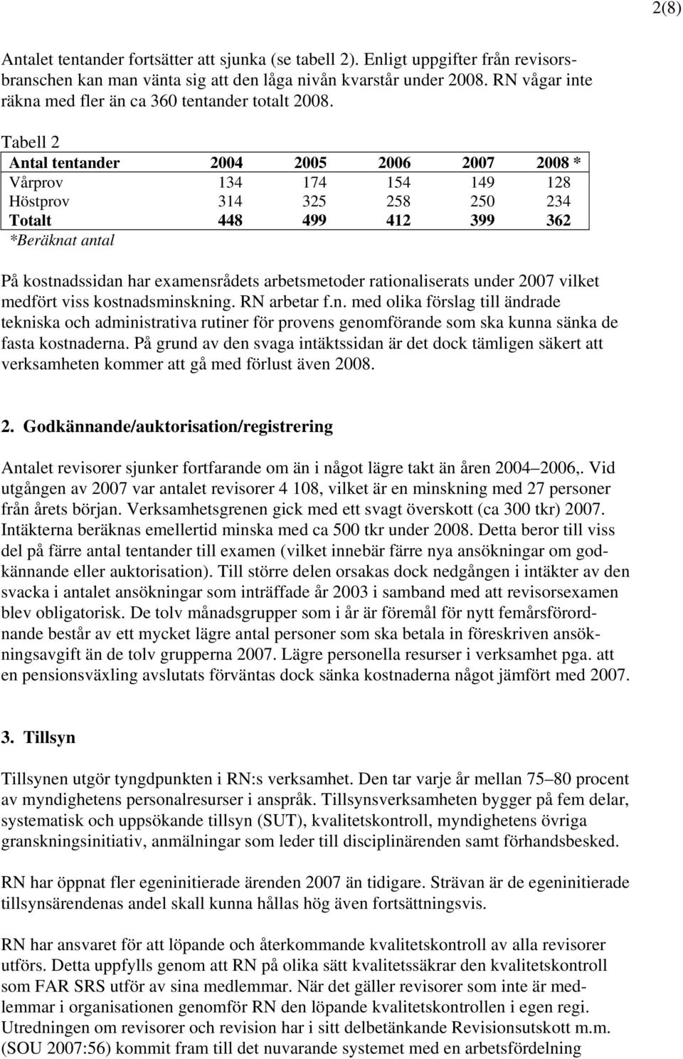 Tabell 2 Antal tentander 2004 2005 2006 2007 2008 * Vårprov 134 174 154 149 128 Höstprov 314 325 258 250 234 Totalt 448 499 412 399 362 *Beräknat antal På kostnadssidan har examensrådets