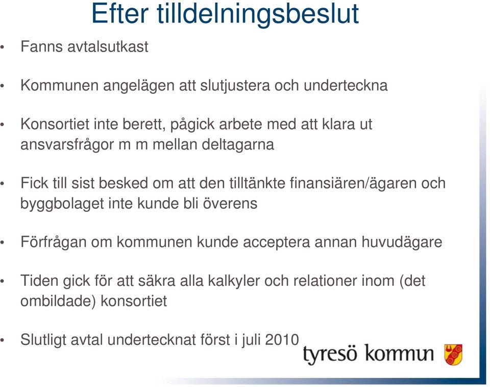 finansiären/ägaren och byggbolaget inte kunde bli överens Förfrågan om kommunen kunde acceptera annan huvudägare Tiden