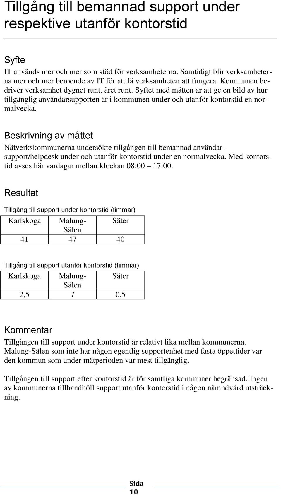 Syftet med måtten är att ge en bild av hur tillgänglig användarsupporten är i kommunen under och utanför kontorstid en normalvecka.