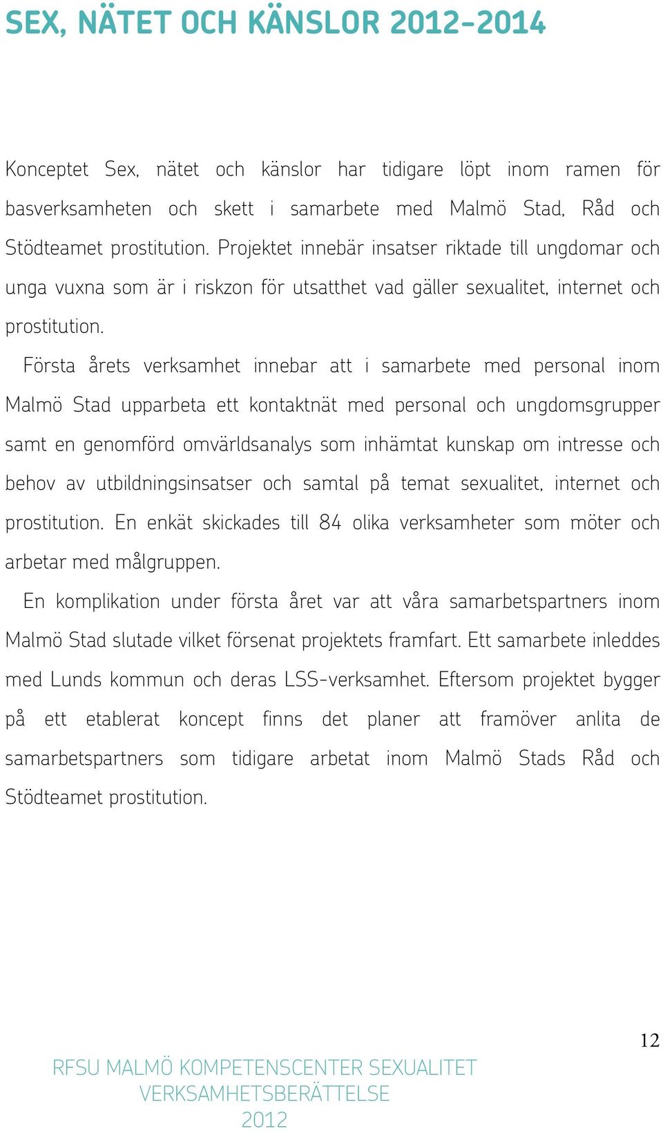 Första årets verksamhet innebar att i samarbete med personal inom Malmö Stad upparbeta ett kontaktnät med personal och ungdomsgrupper samt en genomförd omvärldsanalys som inhämtat kunskap om intresse