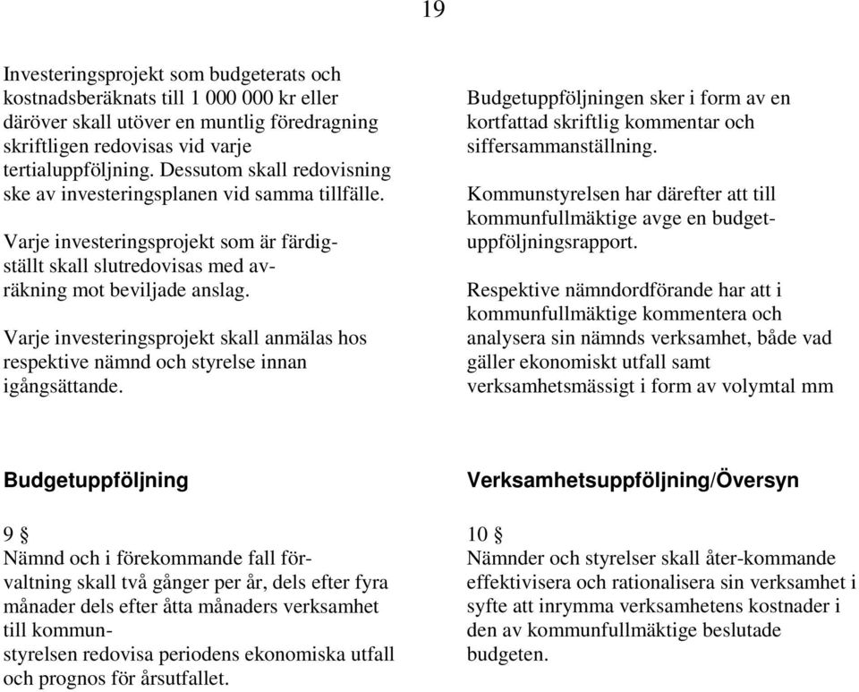 Varje investeringsprojekt skall anmälas hos respektive nämnd och styrelse innan igångsättande. Budgetuppföljningen sker i form av en kortfattad skriftlig kommentar och siffersammanställning.