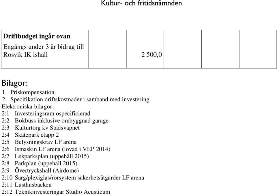 2:5 Belysningskrav LF arena 2:6 Ismaskin LF arena (lovad i VEP 2014) 2:7 Lekparksplan (uppehåll 2015) 2:8 Parkplan (uppehåll 2015) 2:9