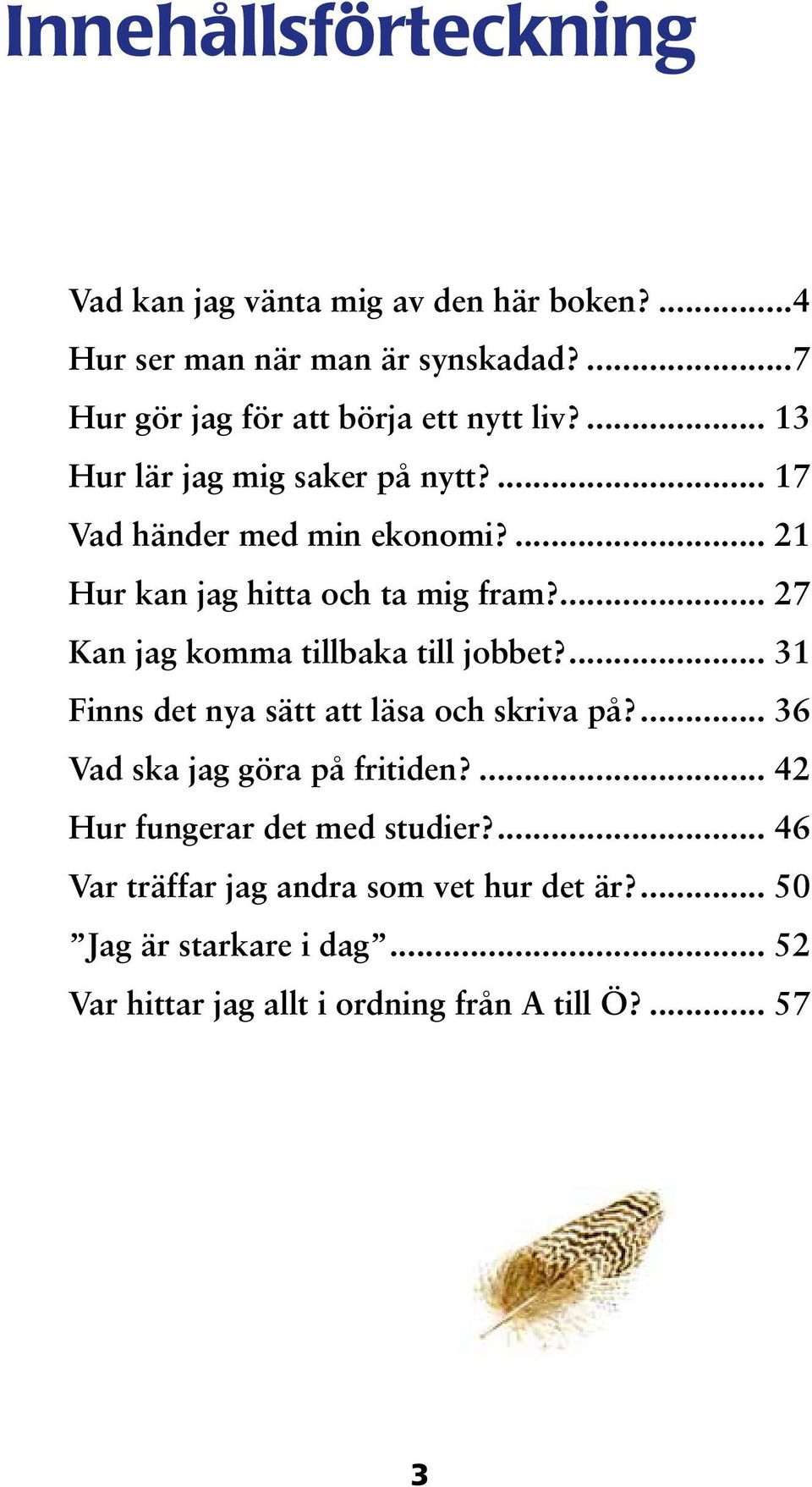 ... 21 Hur kan jag hitta och ta mig fram?... 27 Kan jag komma tillbaka till jobbet?... 31 Finns det nya sätt att läsa och skriva på?