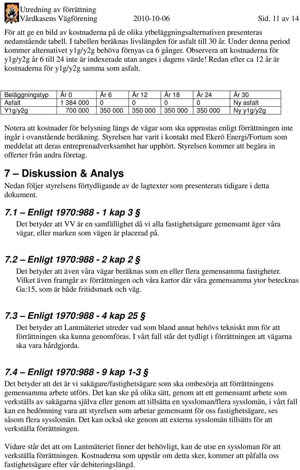 Observera att kostnaderna för y1g/y2g år 6 till 24 inte är indexerade utan anges i dagens värde! Redan efter ca 12 år är kostnaderna för y1g/y2g samma som asfalt.