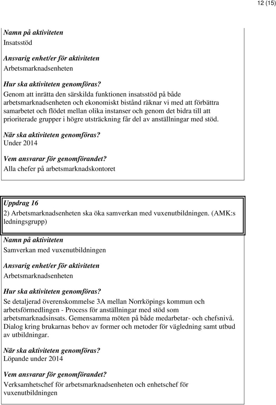 Under 2014 Alla chefer på arbetsmarknadskontoret Uppdrag 16 2) ska öka samverkan med vuxenutbildningen.