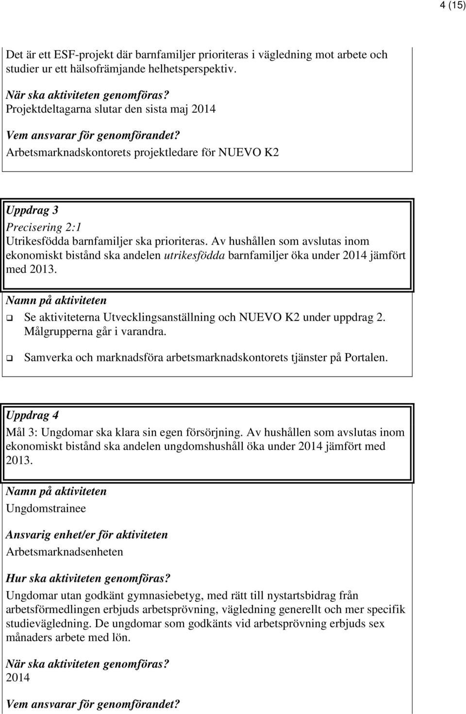 Av hushållen som avslutas inom ekonomiskt bistånd ska andelen utrikesfödda barnfamiljer öka under 2014 jämfört med 2013. Se aktiviteterna Utvecklingsanställning och NUEVO K2 under uppdrag 2.