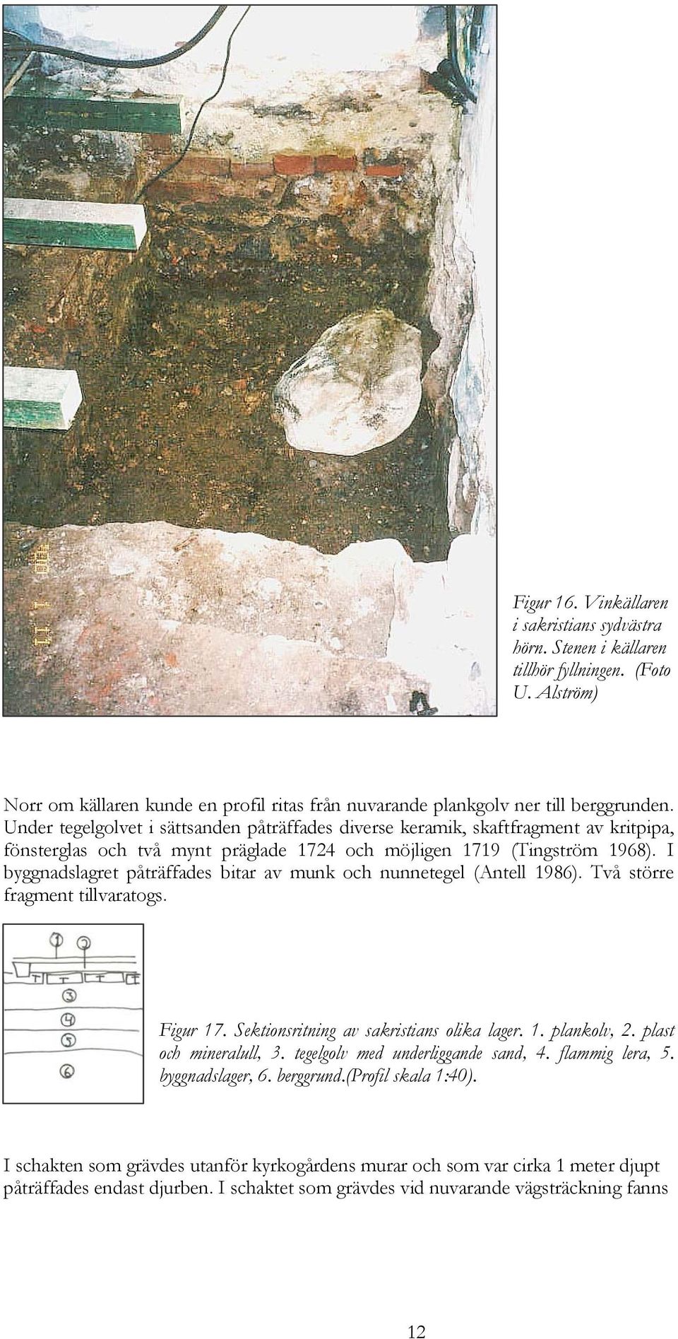 I byggnadslagret påträffades bitar av munk och nunnetegel (Antell 1986). Två större fragment tillvaratogs. Figur 17. Sektionsritning av sakristians olika lager. 1. plankolv, 2.