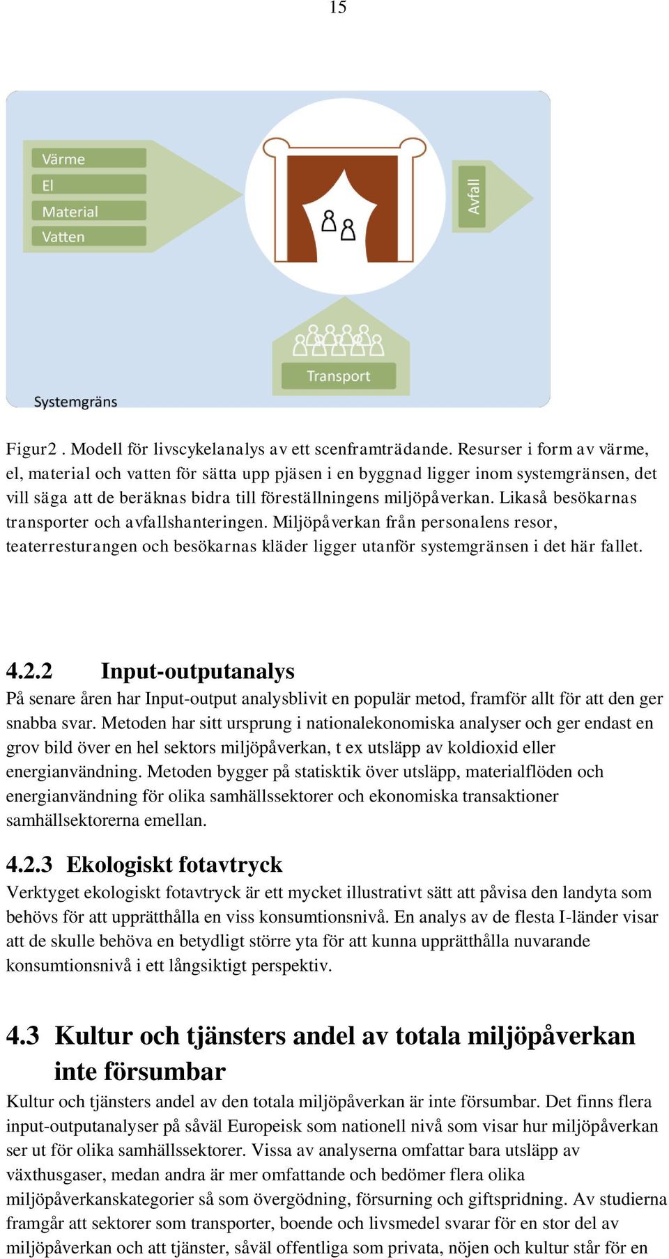 Likaså besökarnas transporter och avfallshanteringen. Miljöpåverkan från personalens resor, teaterresturangen och besökarnas kläder ligger utanför systemgränsen i det här fallet. 4.2.