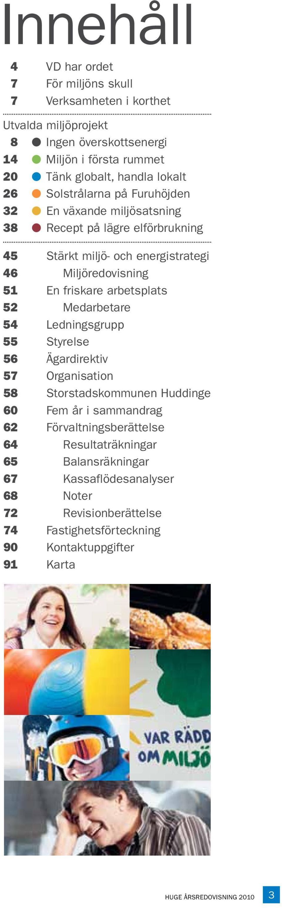 arbetsplats 52 Medarbetare 54 Ledningsgrupp 55 Styrelse 56 Ägardirektiv 57 Organisation 58 Storstadskommunen Huddinge 60 Fem år i sammandrag 62 Förvaltningsberättelse