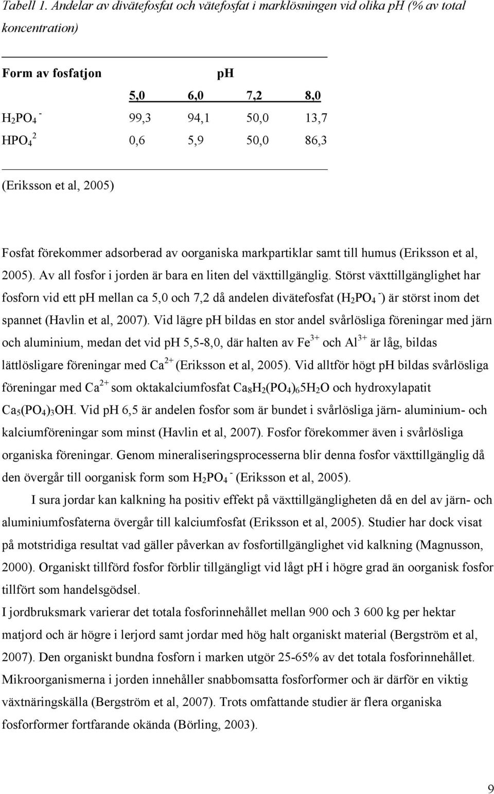 et al, 2005) Fosfat förekommer adsorberad av oorganiska markpartiklar samt till humus (Eriksson et al, 2005). Av all fosfor i jorden är bara en liten del växttillgänglig.