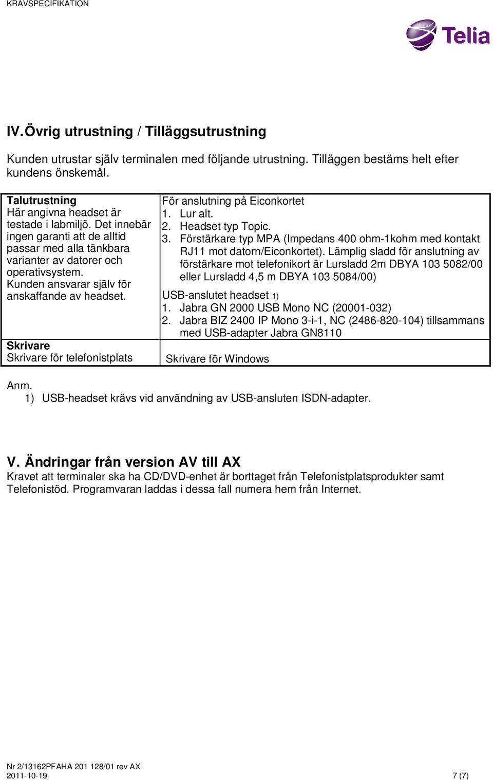 Kunden ansvarar själv för anskaffande av headset. Skrivare Skrivare för telefonistplats För anslutning på Eiconkortet 1. Lur alt. 2. Headset typ Topic. 3.