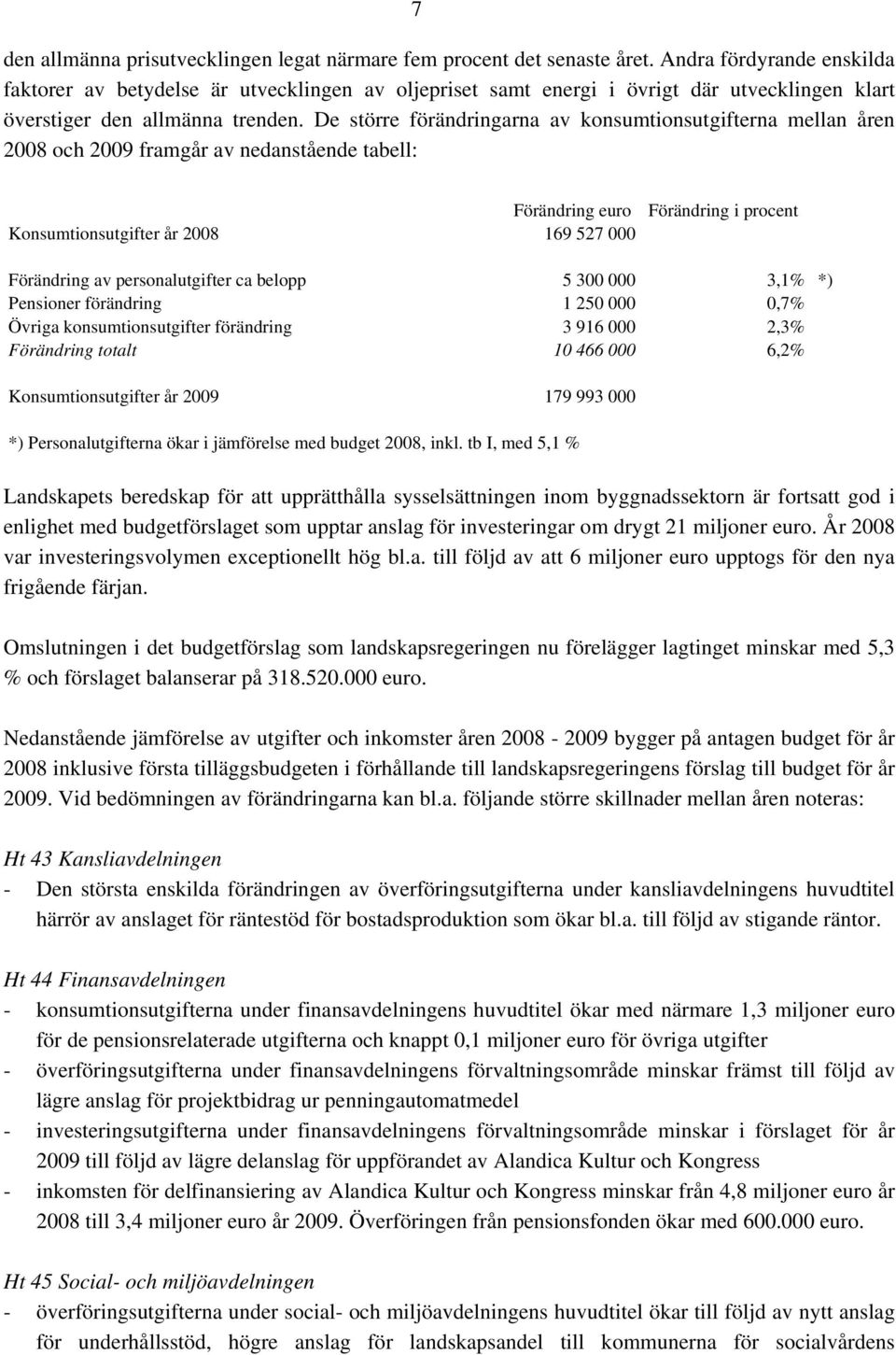 De större förändringarna av konsumtionsutgifterna mellan åren 2008 och 2009 framgår av nedanstående tabell: Förändring euro Förändring i procent Konsumtionsutgifter år 2008 169 527 000 Förändring av