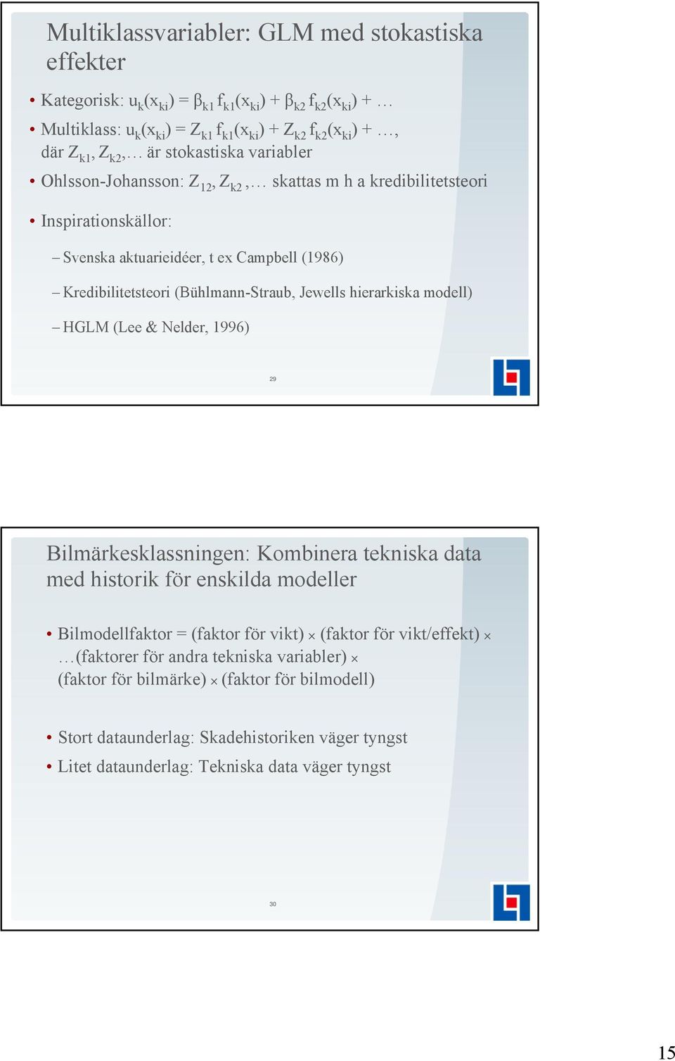 Jewells hierarkiska modell) HGLM (Lee & Nelder, 1996) 29 Bilmärkesklassningen: Kombinera tekniska data med historik för enskilda modeller Bilmodellfaktor = (faktor för vikt) (faktor för