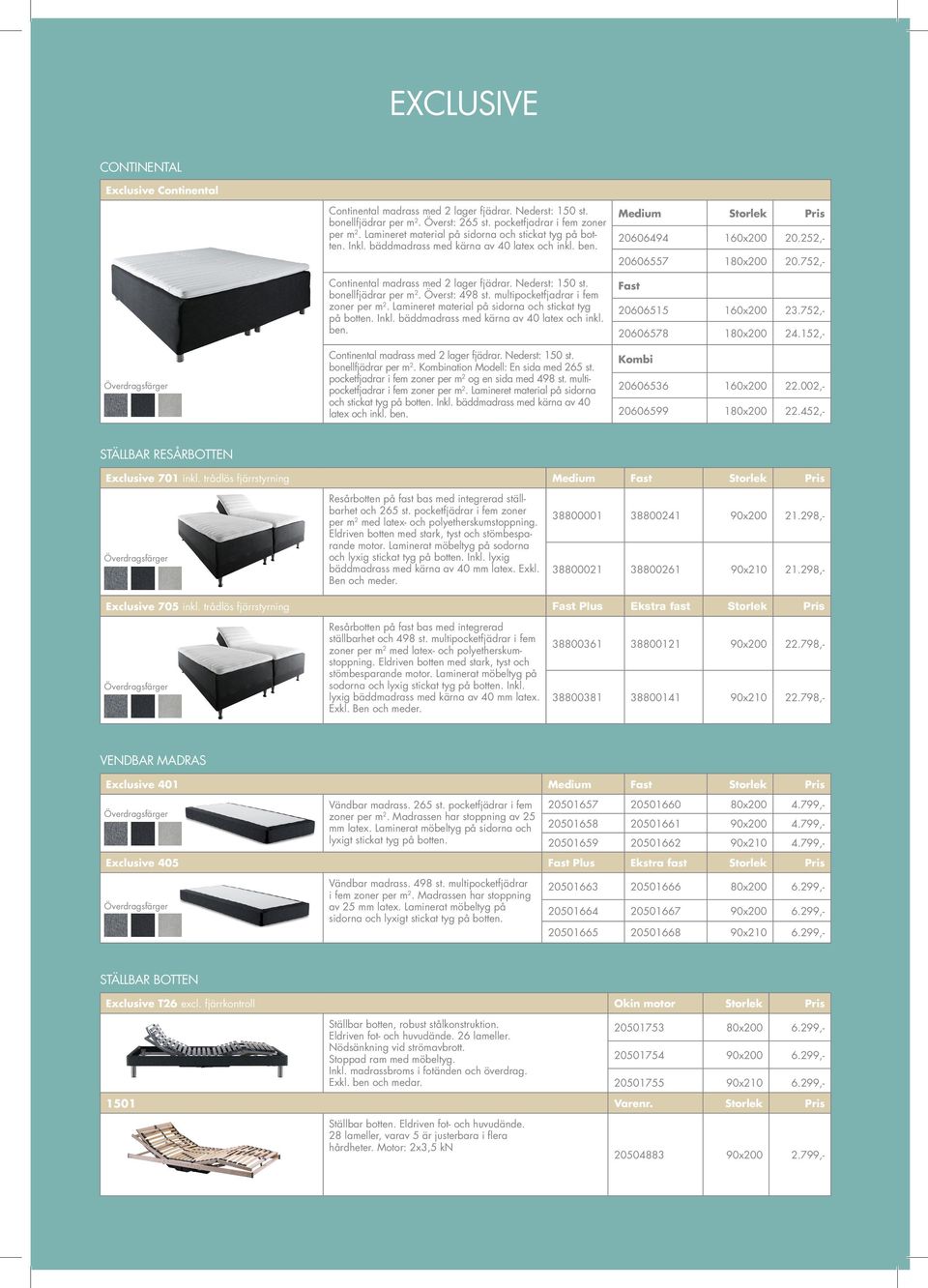 Överst: 498 st. multipocketfjadrar i fem zoner per m2. Lamineret material på sidorna och stickat tyg på botten. Inkl. bäddmadrass med kärna av 40 latex och inkl. ben. 20606494 20.252,- 20606557 20.