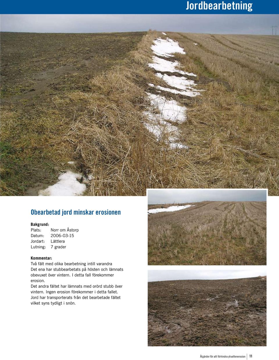 I detta fall förekommer erosion. Det andra fältet har lämnats med orörd stubb över vintern.
