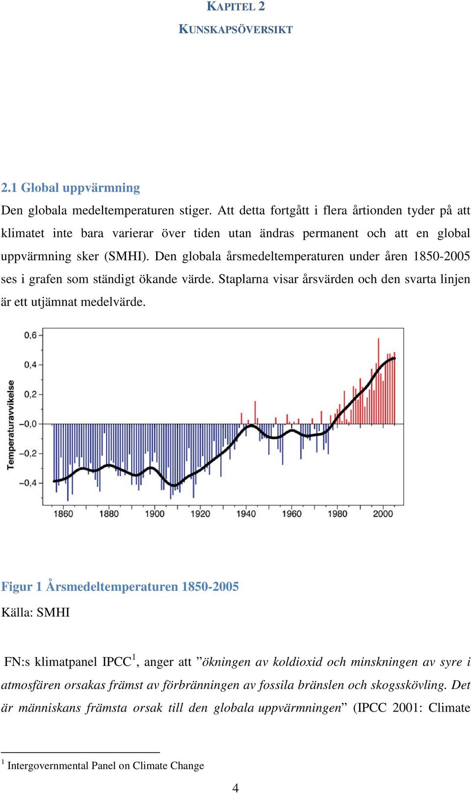 Den globala årsmedeltemperaturen under åren 1850-2005 ses i grafen som ständigt ökande värde. Staplarna visar årsvärden och den svarta linjen är ett utjämnat medelvärde.