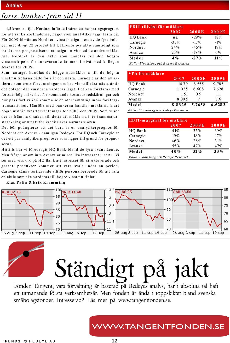 Nordnet är den aktie som handlas till den högsta vinstmultipeln för innevarande år men i nivå med kollegan Avanza för 2009.