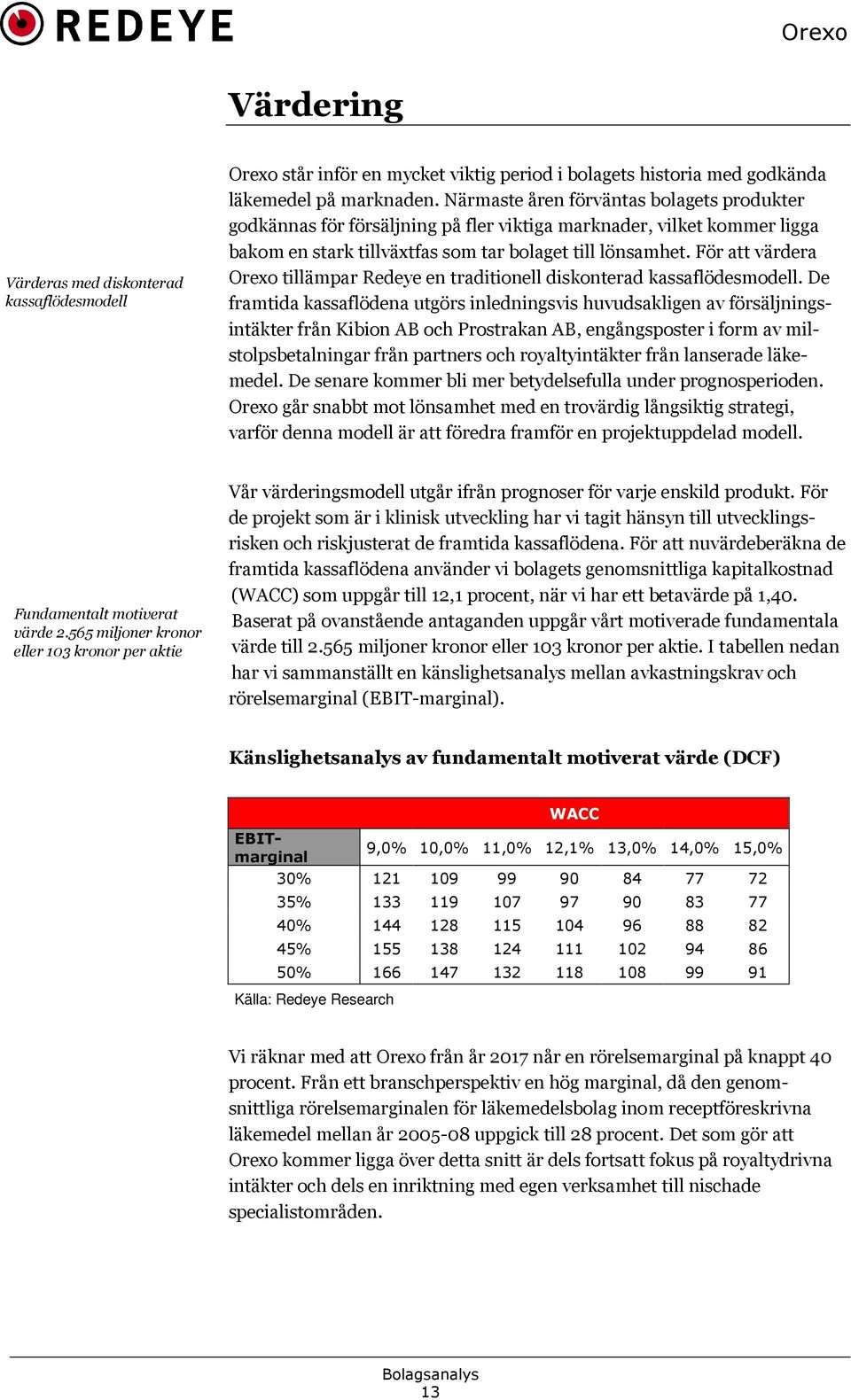 För att värdera Orexo tillämpar Redeye en traditionell diskonterad kassaflödesmodell.