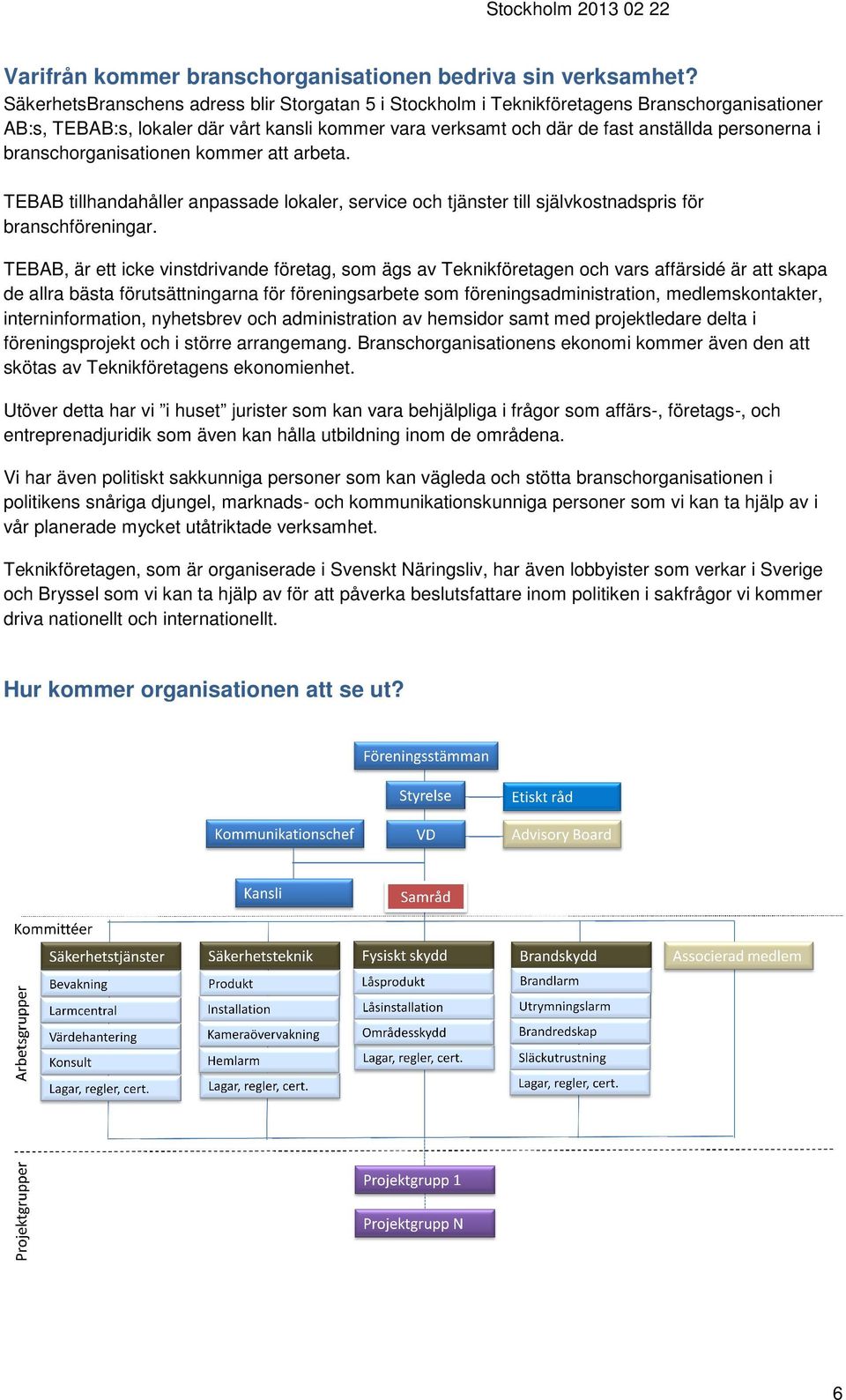 branschorganisationen kommer att arbeta. TEBAB tillhandahåller anpassade lokaler, service och tjänster till självkostnadspris för branschföreningar.