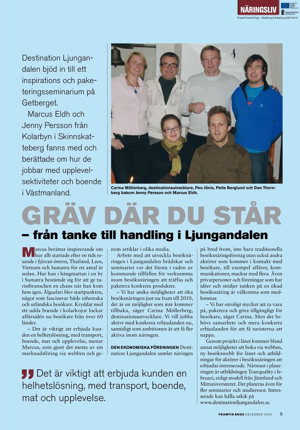 Carina Möllerberg, destinationsutvecklare, Peo Jönis, Pelle Berglund och Dan Thornberg bakom Jenny Persson och Marcus Eldh.