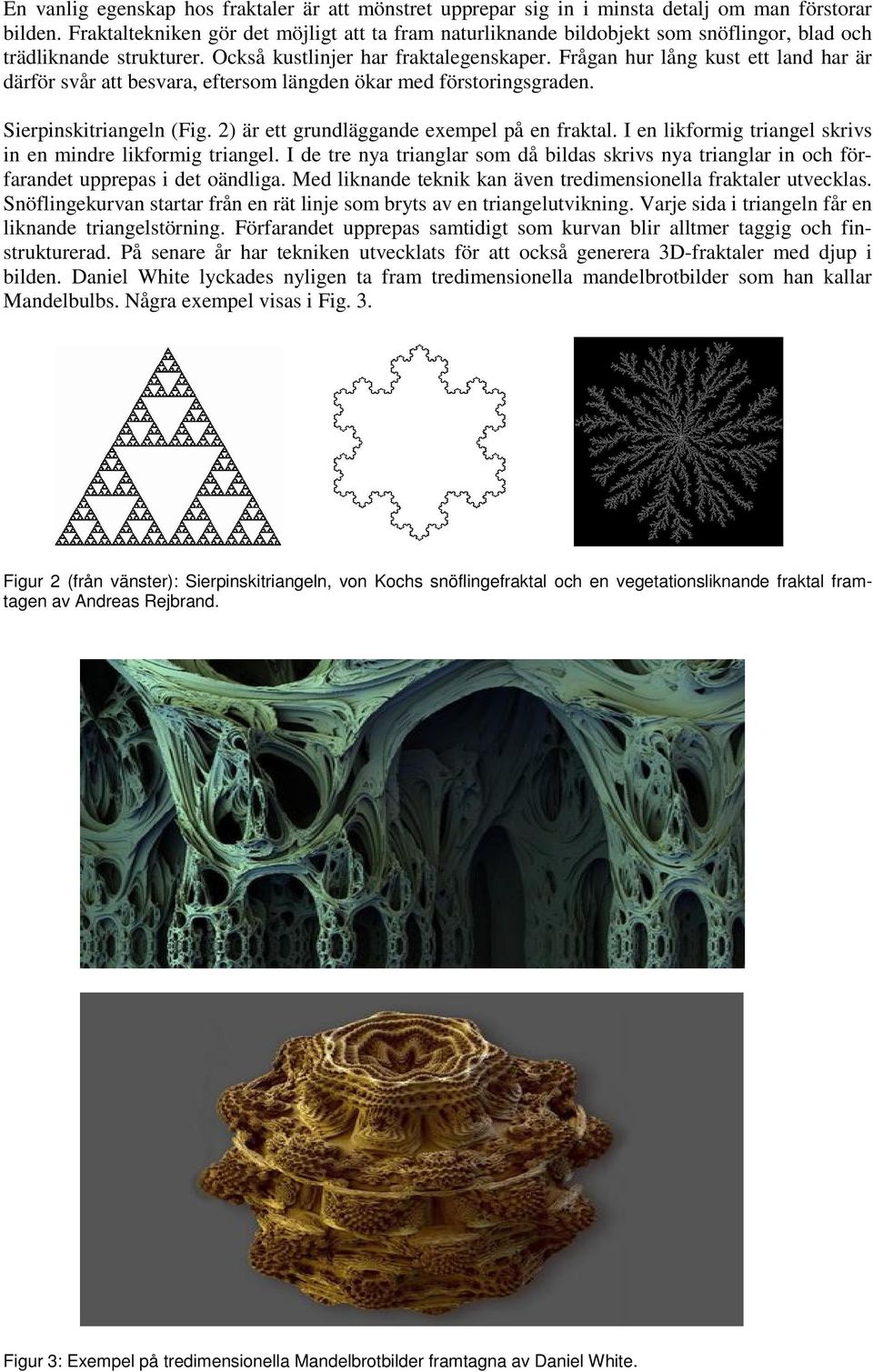 Frågan hur lång kust ett land har är därför svår att besvara, eftersom längden ökar med förstoringsgraden. Sierpinskitriangeln (Fig. 2) är ett grundläggande exempel på en fraktal.