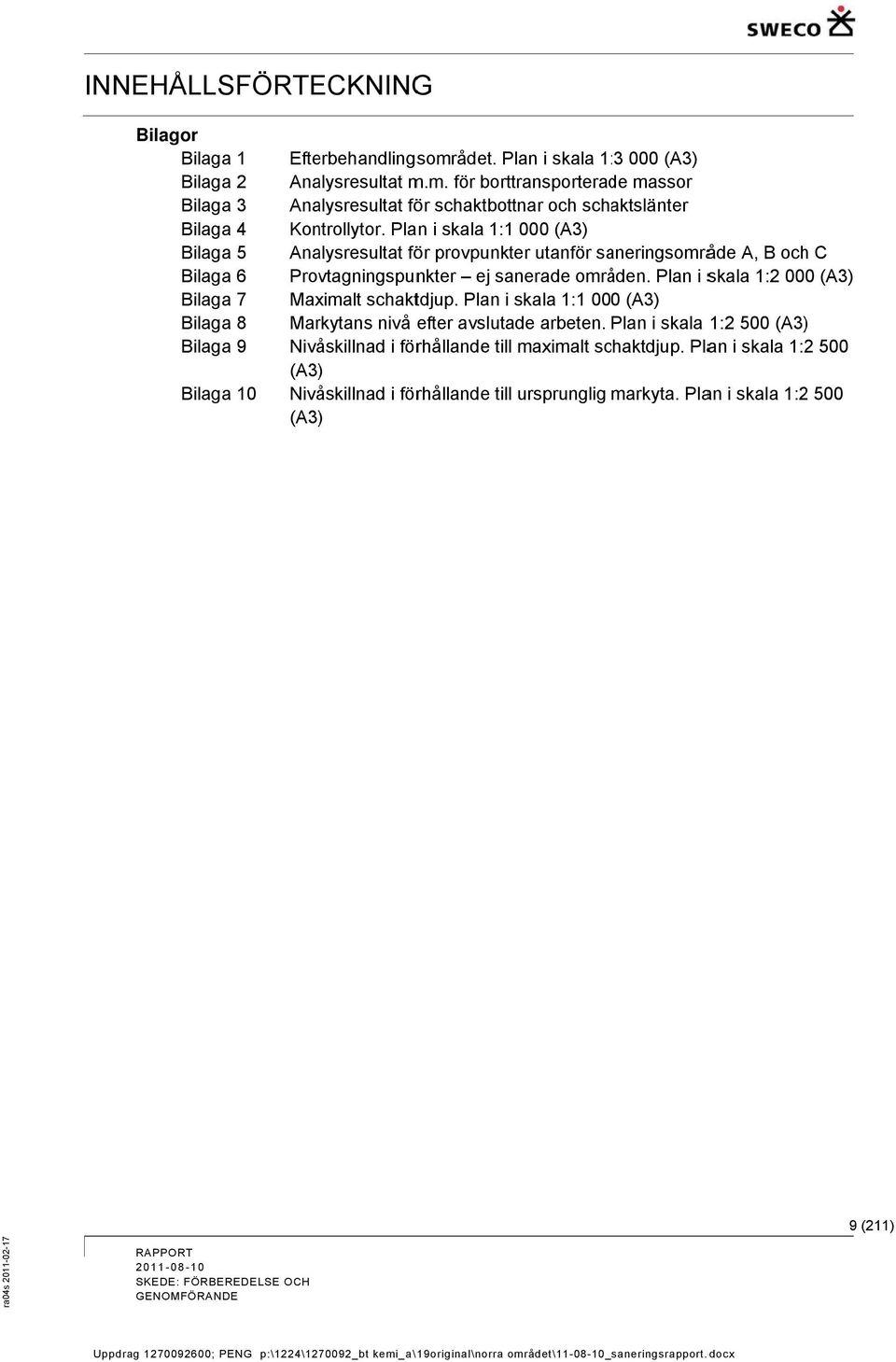 Plan i skala 1:1 000 (A3) Analysresultat för provpunkter utanför saneringsområde A, B och C Provtagningspunkter ej sanerade områden. Plan i skala 1:2 000 (A3) Maximalt schaktdjup.