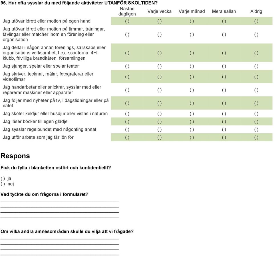 eller organisation Jag deltar i någon annan förenings, sällskaps eller organisations verksamhet, t.ex.