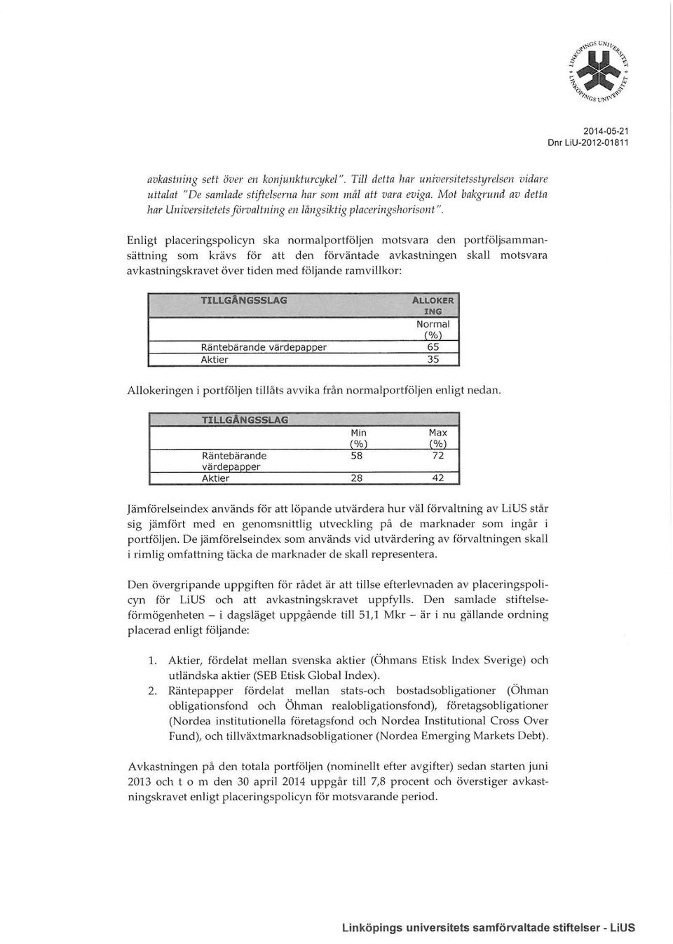 Enligt placeringspolicyn ska normalportföljen motsvara den portföljsammansättning som krävs för att den förväntade avkastningen skall motsvara avkastningskravet över tiden med följande ramvill kor: