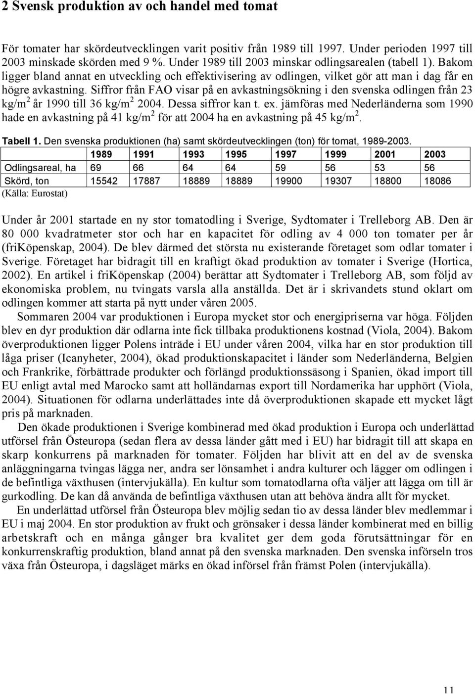 Siffror från FAO visar på en avkastningsökning i den svenska odlingen från 23 kg/m 2 år 1990 till 36 kg/m 2 2004. Dessa siffror kan t. ex.