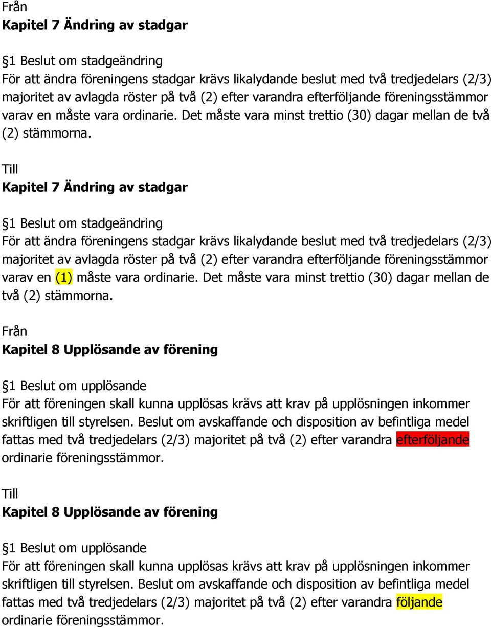 Till Kapitel 7 Ändring av stadgar 1 Beslut om stadgeändring För att ändra föreningens stadgar krävs likalydande beslut med två tredjedelars (2/3) majoritet av avlagda röster på två (2) efter varandra