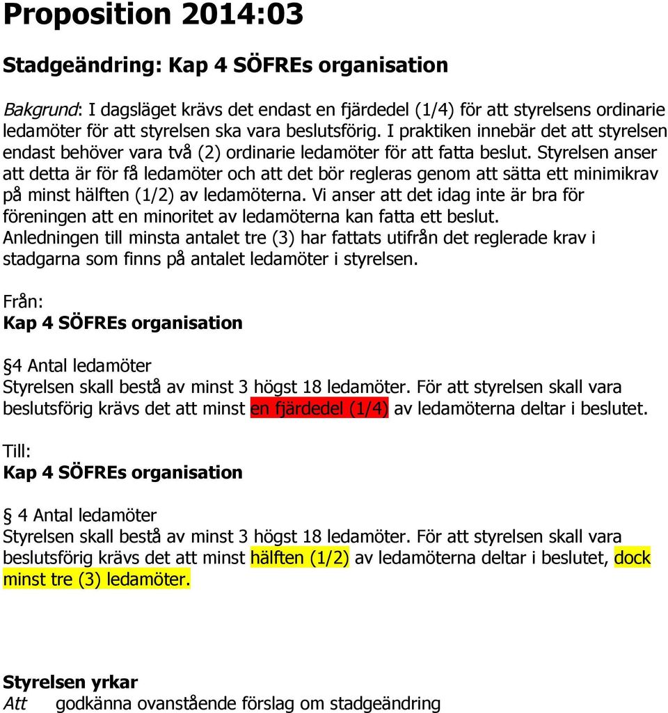 Styrelsen anser att detta är för få ledamöter och att det bör regleras genom att sätta ett minimikrav på minst hälften (1/2) av ledamöterna.