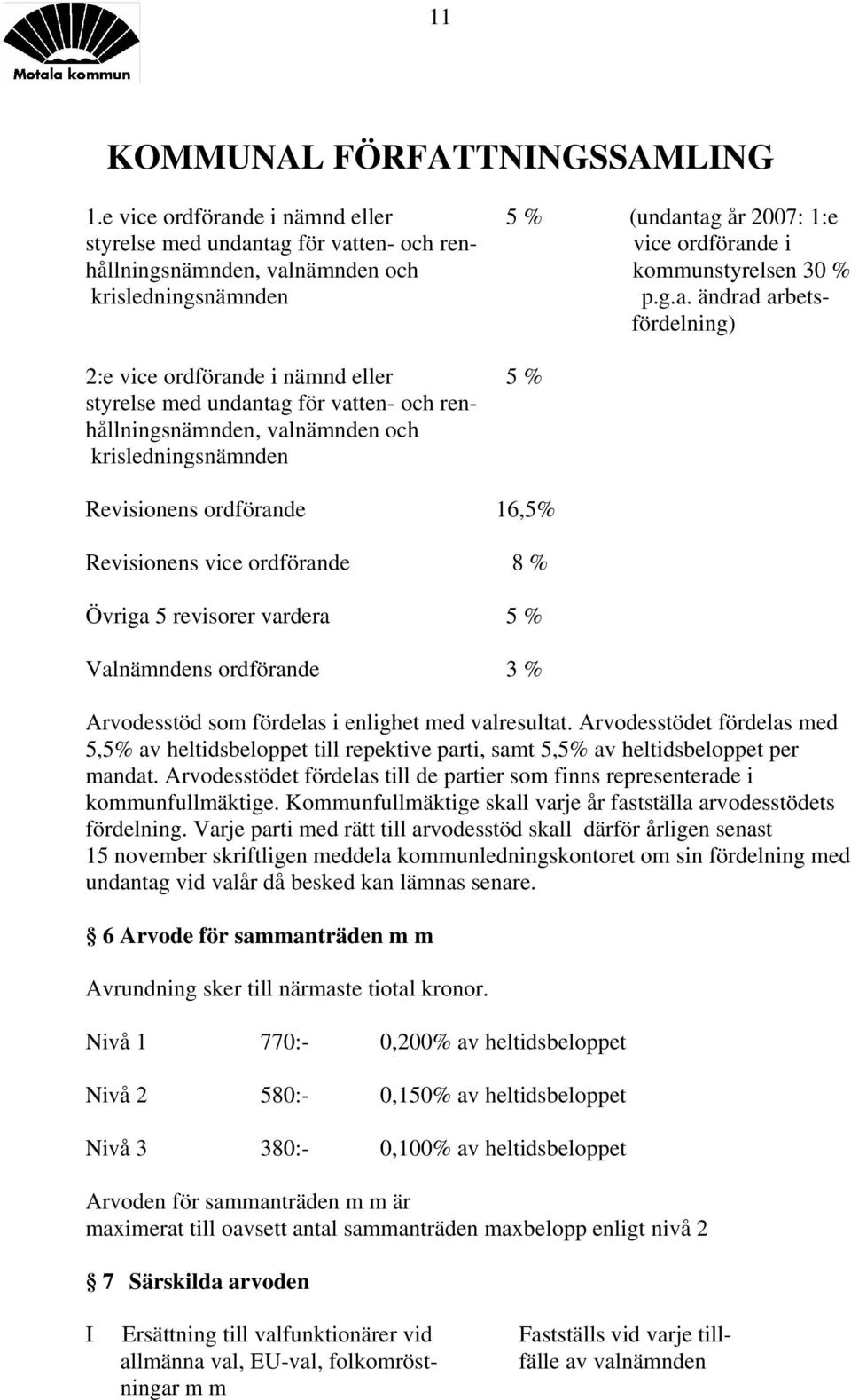 ändrad arbetsfördelning) 2:e vice ordförande i nämnd eller 5 % styrelse med undantag för vatten- och renhållningsnämnden, valnämnden och krisledningsnämnden Revisionens ordförande 16,5% Revisionens