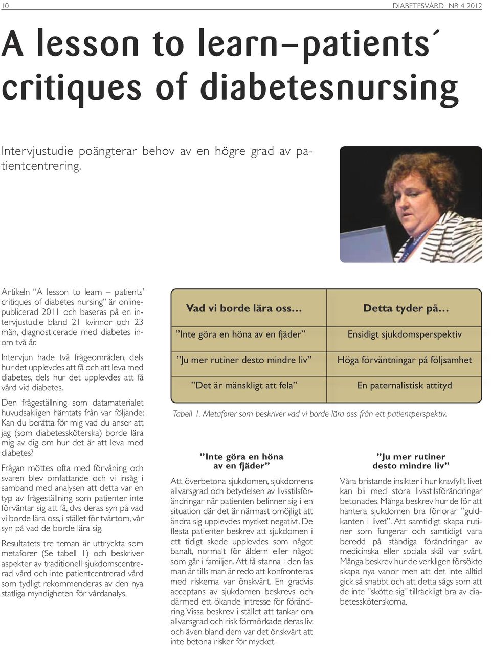 Intervjun hade två frågeområden, dels hur det upplevdes att få och att leva med diabetes, dels hur det upplevdes att få vård vid diabetes.