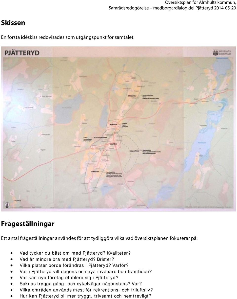 Brister? Vilka platser borde förändras i Pjätteryd? Varför? Var i Pjätteryd vill dagens och nya invånare bo i framtiden? Var kan nya företag etablera sig i Pjätteryd?