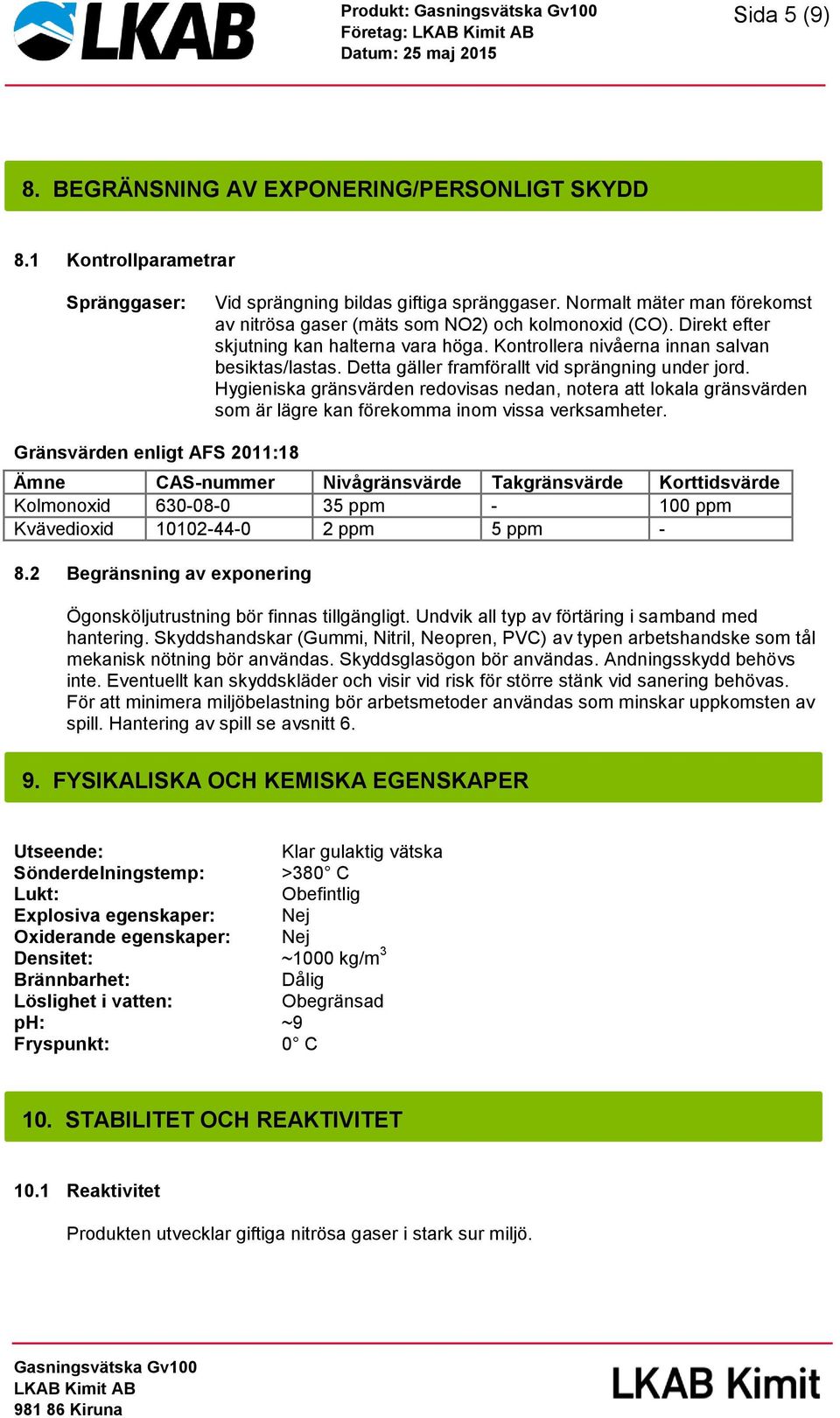 Detta gäller framförallt vid sprängning under jord. Hygieniska gränsvärden redovisas nedan, notera att lokala gränsvärden som är lägre kan förekomma inom vissa verksamheter.