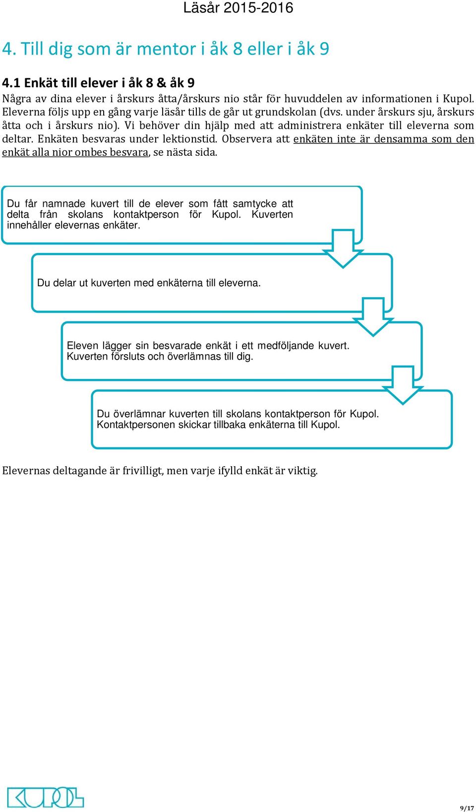 Enkäten besvaras under lektionstid. Observera att enkäten inte är densamma som den enkät alla nior ombes besvara, se nästa sida.