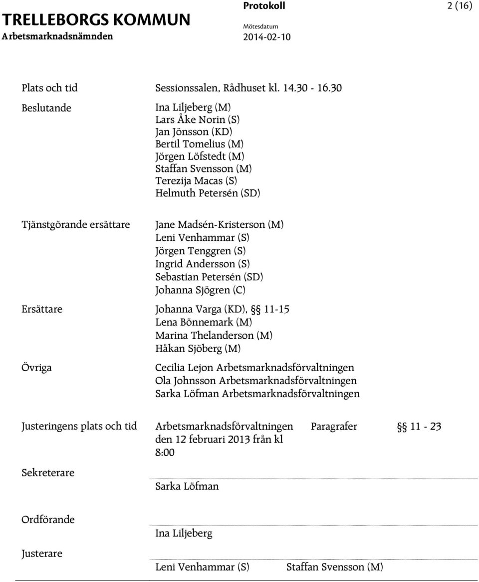 Madsén-Kristerson (M) Leni Venhammar (S) Jörgen Tenggren (S) Ingrid Andersson (S) Sebastian Petersén (SD) Johanna Sjögren (C) Ersättare Johanna Varga (KD), 11-15 Lena Bönnemark (M) Marina