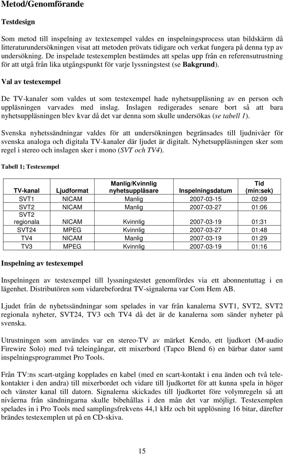 Val av testexempel De TV-kanaler som valdes ut som testexempel hade nyhetsuppläsning av en person och uppläsningen varvades med inslag.