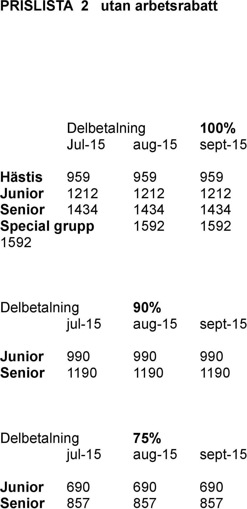 1592 Delbetalning 90% jul-15 aug-15 sept-15 Junior 990 990 990 Senior 1190 1190