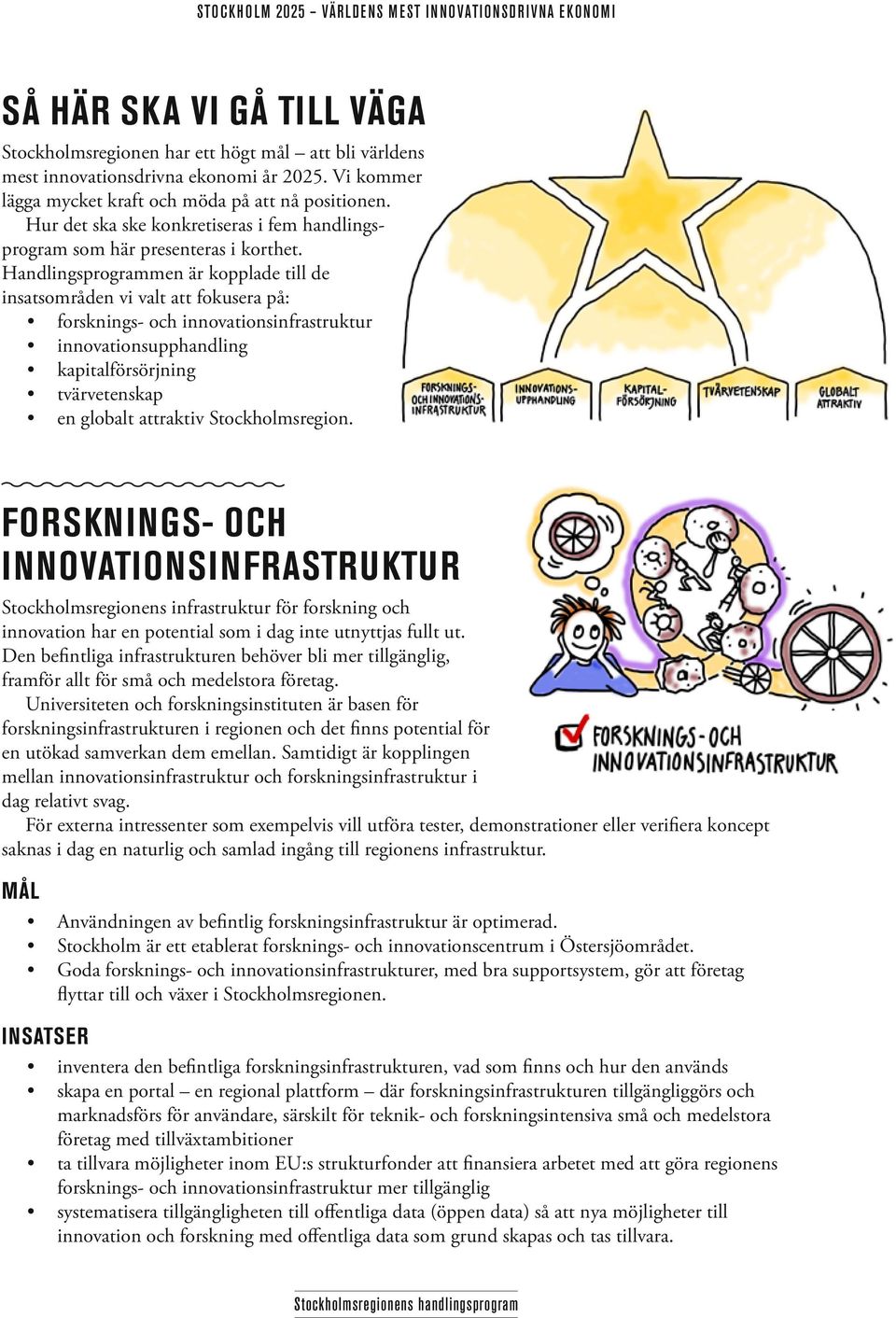 Handlings programmen är kopplade till de insatsområden vi valt att fokusera på: forsknings- och innovationsinfrastruktur innovationsupphandling kapitalförsörjning tvärvetenskap en globalt attraktiv