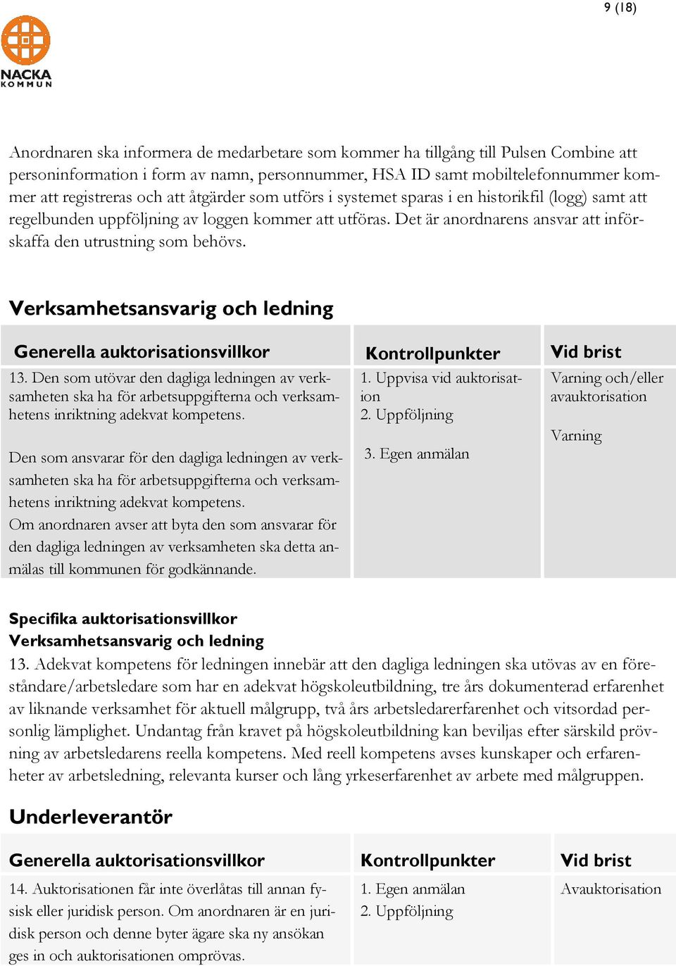 Verksamhetsansvarig och ledning 13. Den som utövar den dagliga ledningen av verksamheten ska ha för arbetsuppgifterna och verksamhetens inriktning adekvat kompetens.