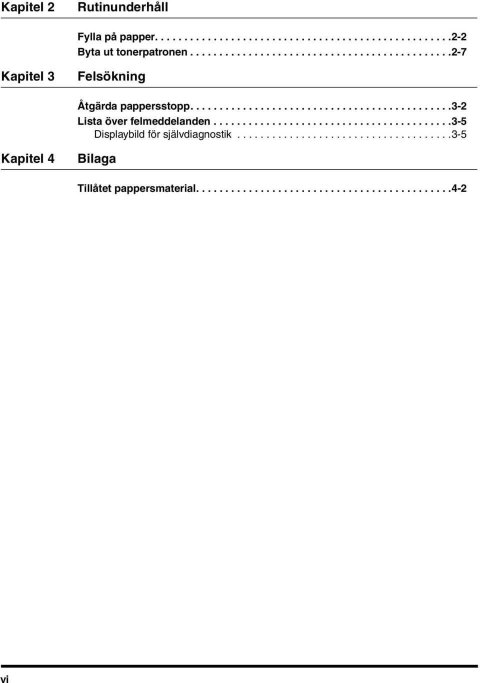 ........................................3-5 Displaybild för självdiagnostik.....................................3-5 Kapitel 4 Bilaga Tillåtet pappersmaterial.