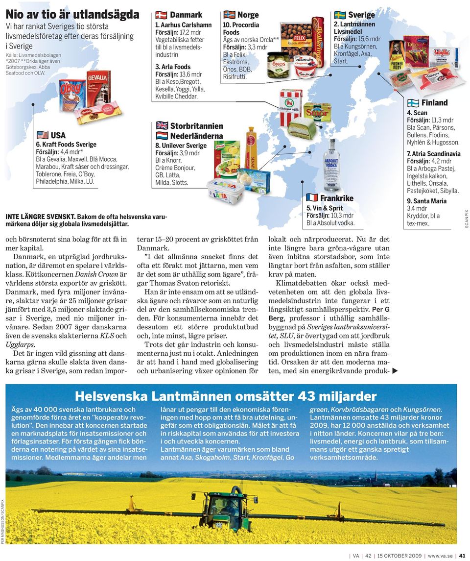 Bakom de ofta helsvenska varumärkena döljer sig globala livsmedelsjättar. Danmark 1. Aarhus Carlshamn Försäljn: 17,2 mdr Vegetabiliska fetter till bl a livsmedelsindustrin 3.